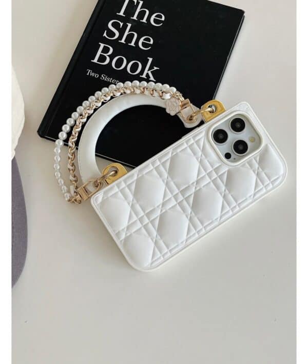 Luxury Leather Phone Case with Diamond Chains & Leather Chains for iPhone - White - Image 4