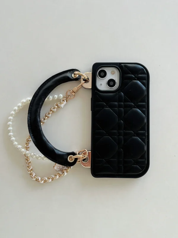 Luxury Leather Phone Case with Diamond Chains & Leather Chains for iPhone - Black - Image 4