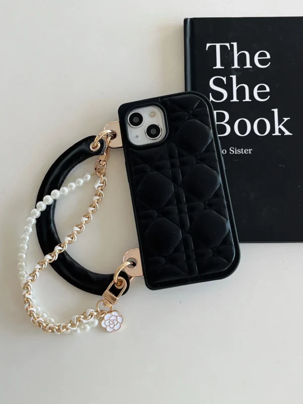 Luxury Leather Phone Case with Diamond Chains & Leather Chains for iPhone - Black - Image 2