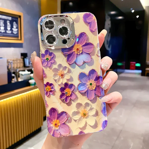 Peach Purple Floral Rhinestone cases for iPhone