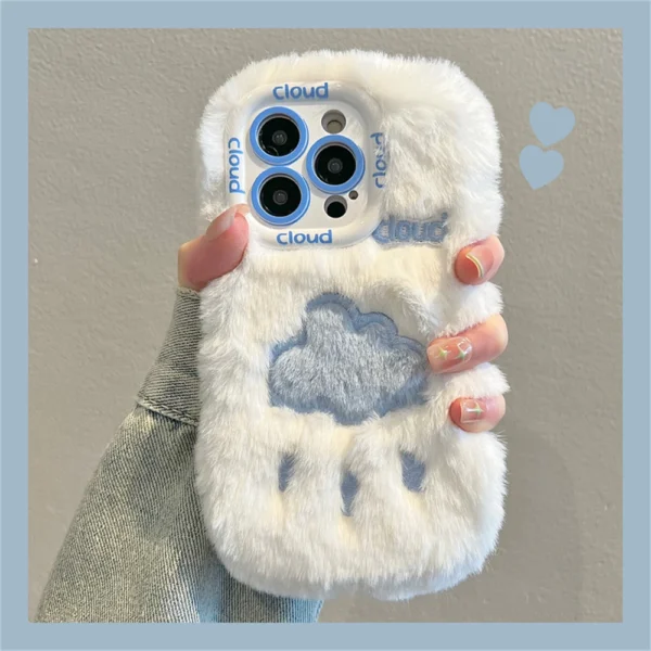 Cute Cloud Plush Fur Embroidered Phone Case For iPhone - White - Image 4