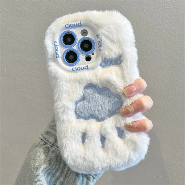 Cute Cloud Plush Fur Embroidered Phone Case For iPhone - White