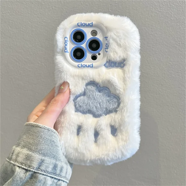 Cute Cloud Plush Fur Embroidered Phone Case For iPhone - White - Image 3