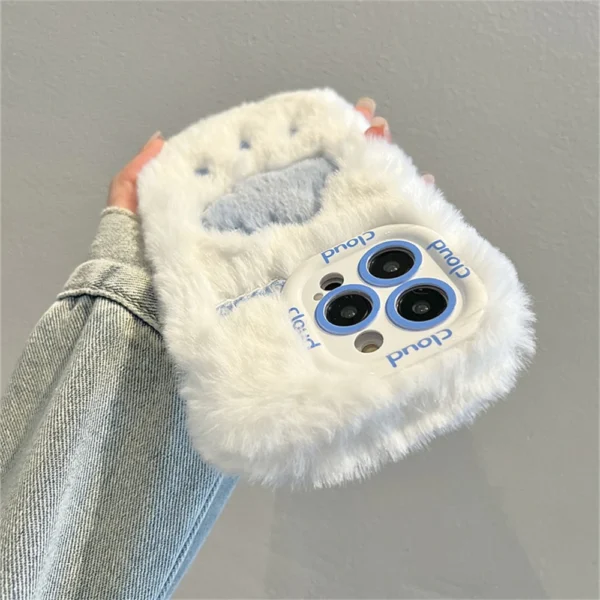 Cute Cloud Plush Fur Embroidered Phone Case For iPhone - White - Image 2