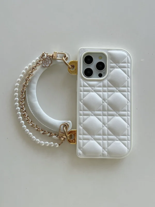 Luxury Leather Phone Case with Diamond Chains & Leather Chains for iPhone - White - Image 3