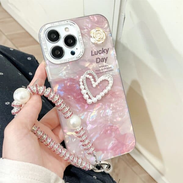 Elegant Colorful Marble Texture Heart Case with Charms for iPhone - Image 5