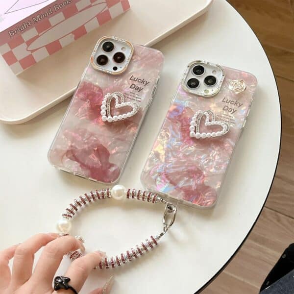 Elegant Colorful Marble Texture Heart Case with Charms for iPhone - Image 4