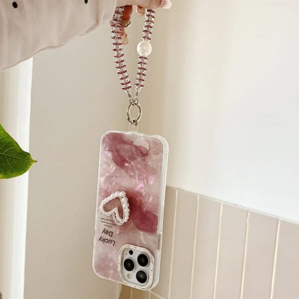 Elegant Colorful Marble Texture Heart Case with Charms for iPhone - Image 3