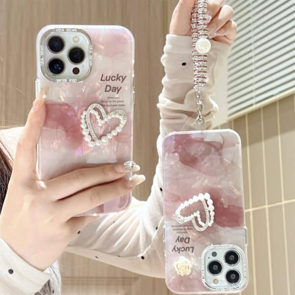 Elegant Colorful Marble Texture Heart Case with Charms for iPhone - Image 2