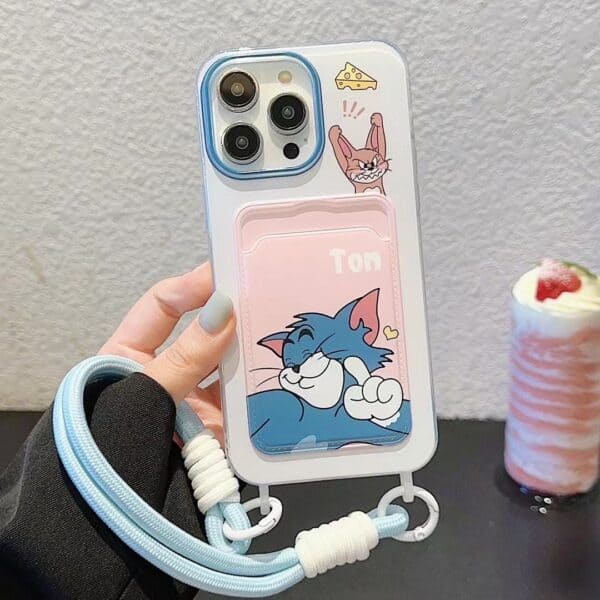 Adorable Tom Card Holder Case With Hanging String for iPhone