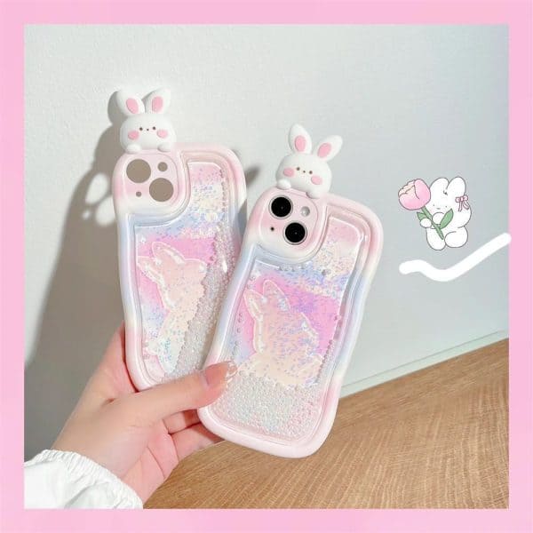 Cute Rabbit Glitter Floating Case for iPhone - Image 4