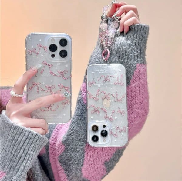 Designer Transparent Small Bow Shimmery Case with Charm for iPhone - Image 2