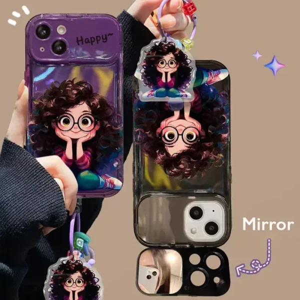 Cute Geek Girl Mirror Case with Charm for iPhone - Black Color - Image 2