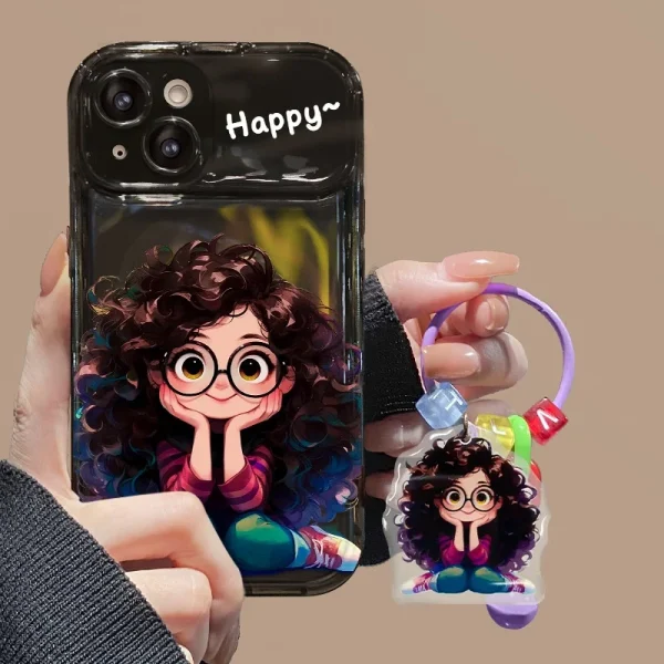 Cute Geek Girl Mirror Case with Charm for iPhone - Black Color