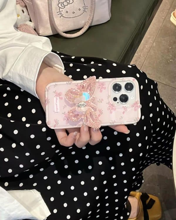 Pink Floral cases with Butterfly Popsocket for iPhone - Image 2