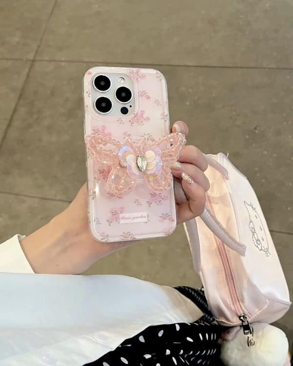 Pink Floral cases with Butterfly Popsocket for iPhone